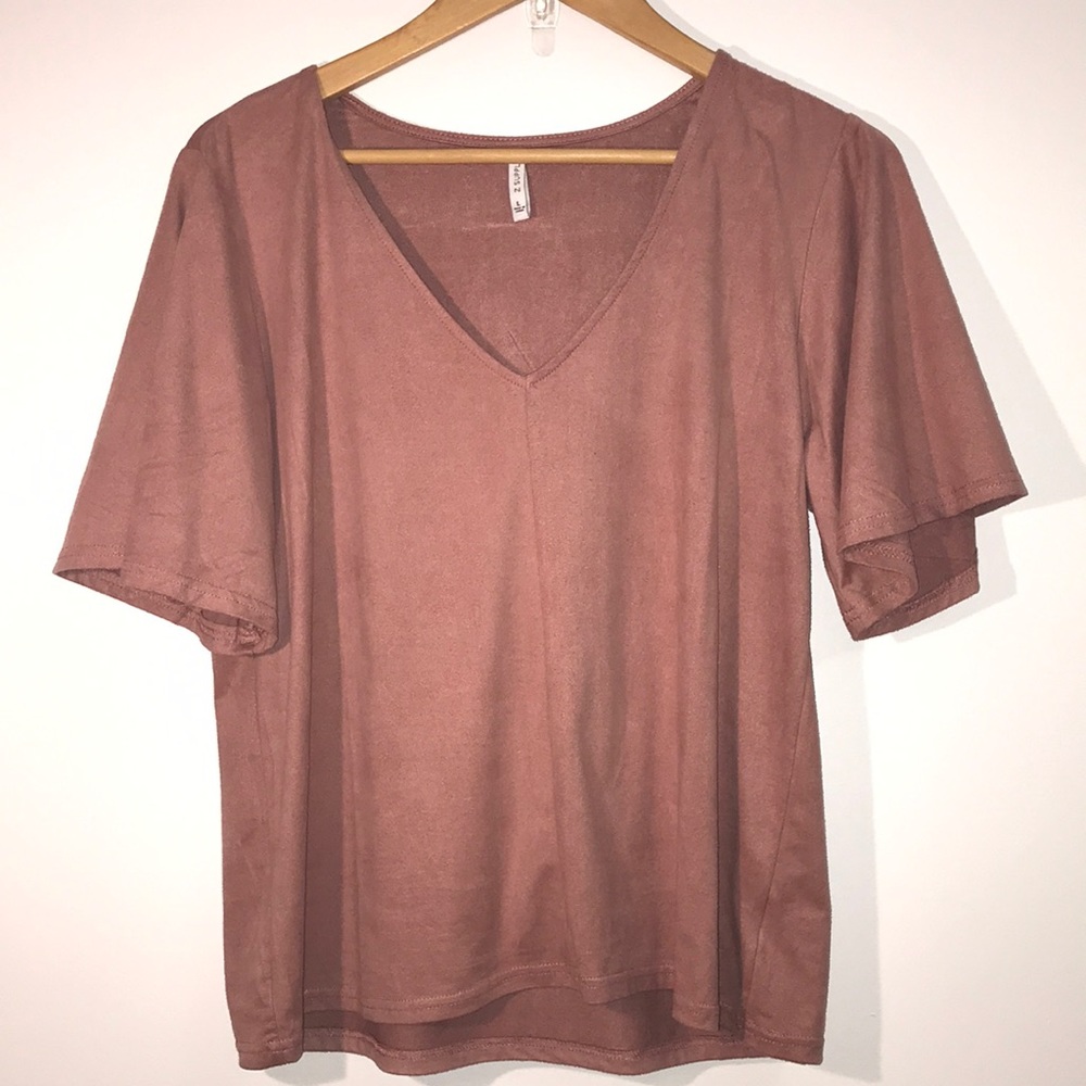 Dusty rose bell-sleeved faux suede top